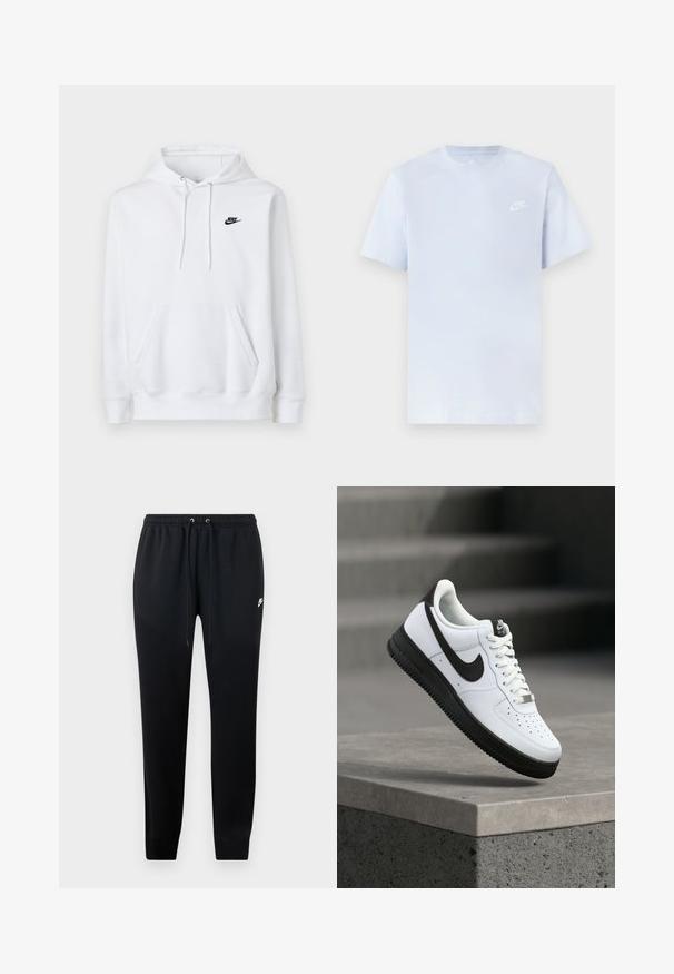 Sudadera blanca con capucha con bolsillo frontal tipo canguro, cordón en la capucha y pequeño logo negro de Nike en el pecho izquierdo.; Camiseta de algodón de color azul claro con mangas cortas, cuello redondo y un logo blanco de Nike impreso en el pecho izquierdo. Textura suave, diseño sencillo.; Pantalones deportivos negros de tejido suave, con una cintura elástica y cordones, tobillos rematados y un pequeño logo en el lateral.; Zapatilla deportiva de cuero blanco con detalles en negro, punta redondeada y detalles perforados. Suela de goma negra con patrón texturizado y cierre de cordones.