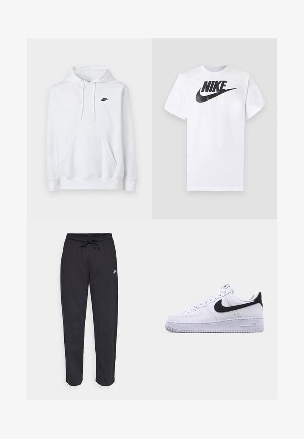 Witte hoodie met voorzak, trekkoord in de kap en klein zwart Nike-logo op de linkerborst.; Wit T-shirt met korte mouwen met zwart Nike-logo en swoosh gecentreerd op de borst tegen een effen grijze achtergrond.; Zwarte sweatpants van zacht stof met een elastische tailleband, trekkoord en een klein Nike-logo op de linker bovenbeen.; Witte leren sneaker met een gestructureerde zwarte Swoosh, platte veters en een rubberen zool met een geribbeld patroon. "AIR" is in de hak geperst.