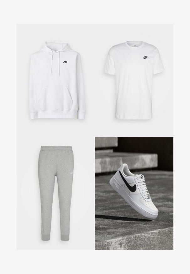 Witte hoodie met voorzak, trekkoord in de kap en klein zwart Nike-logo op de linkerborst.; Witte katoenen t-shirt met ronde hals, korte mouwen en een zwart Nike-logo op de linkerkant van de borst. Eenvoudig, effen kleur ontwerp.; Grijze trainingsbroek van zacht materiaal, met een taps toelopend ontwerp, elastische tailleband en klein wit Nike-logo op de linker bovenbeen.; Witte Nike Air Force 1 sneaker met zwarte swoosh, veters gestrikt, zwevend in de lucht boven een gestructureerd betonnen oppervlak buiten.