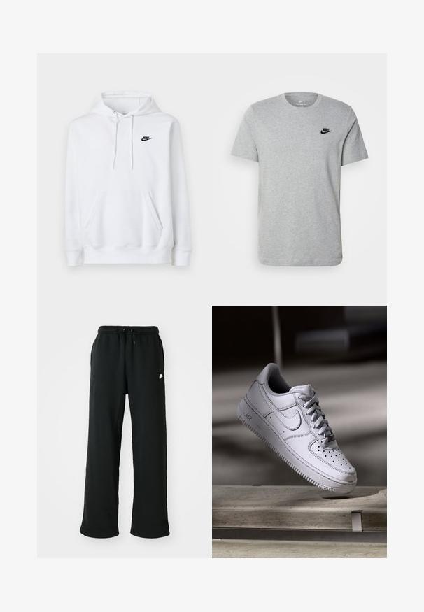 Hvid hættetrøje med frontlomme, snøre i hætten og lille sort Nike-logo på venstre bryst.; Grå kortærmet T-shirt i bomuld med et sort Nike-logo på brystet og rund halsudskæring. Minimalistisk design uden mønstre.; Sorte joggingbukser lavet af blødt stof, med elastisk talje og justerbar snøring samt et lille logoakcent på siden.; Hvid læder Nike Air Force 1 sneaker med perforeret tå, flade snørebånd og tekstureret gummisål med "AIR" branding på siden.