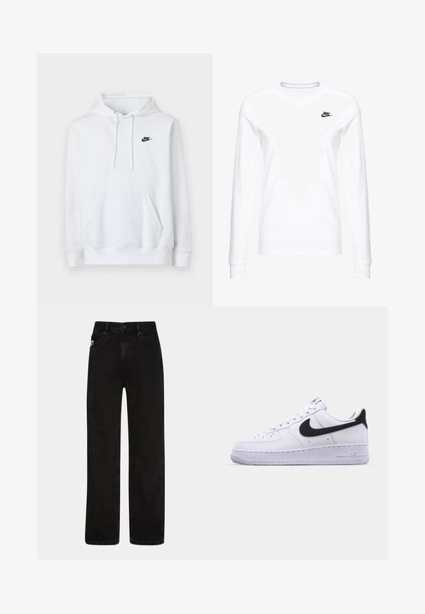 Witte hoodie met voorzak, trekkoord in de kap en klein zwart Nike-logo op de linkerborst.; Witte lange mouwen T-shirt van katoen, met een klein zwart Nike-logo op de linkerkant van de borst en een ronde halslijn. Gladde textuur.; Zwarte denim jeans met een rechte pijp, voorzien van voorzakken, een knoopsluiting en een subtiele logopatch op de tailleband.; Witte leren sneaker met een gestructureerde zwarte Swoosh, platte veters en een rubberen zool met een geribbeld patroon. "AIR" is in de hak geperst.