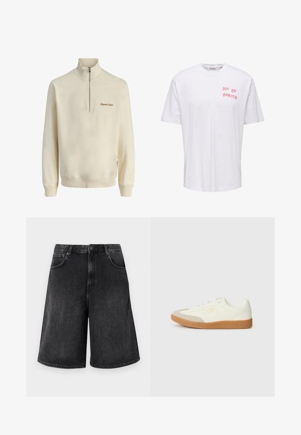 Cremefarbener Pullover mit langen Ärmeln und einem Viertel-Reißverschluss vorne sowie der braun gestickten Aufschrift "Originals Studio" auf der linken Brust.; Weißes T-Shirt mit kurzen Ärmeln und rotem Schriftzug "OUT OF OFFICE" auf der linken oberen Brust und rundem Halsausschnitt.; Schwarze Jeans-Shorts mit einem weit geschnittenen, geraden Schnitt, mit einem Frontknopfverschluss und fünf Taschen. Weiche Textur mit einem verwehten Finish.; Sneaker aus weißem Leder mit einer beigen Zehenkappe und leichter brauner Gummisohle. Verfügt über flache weiße Schnürsenkel und geprägtes Branding an der Seite.