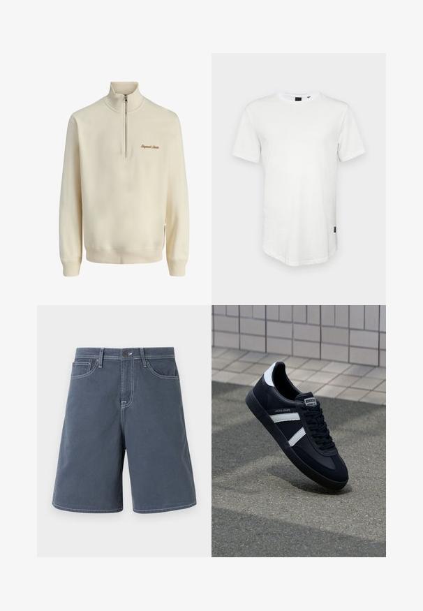 Kremfarvet langærmet pullover med kvart-lynlås foran og "Originals Studio" broderet i brun på venstre bryst.; Hvid kortærmet t-shirt lavet af bomuld, med rund halsudskæring og en let forlænget ryg, samt en lille logoaccent på siden.; Mørkeblå shorts lavet af bomuld med hvid stikning, fem lommer og en knaplukning i taljen. Lige ben-design, minimal detaljer.; Sort lædersneaker med hvide striber, tekstureret gummisål og snørrebånd foran. Har et brandet mærke på tungen.