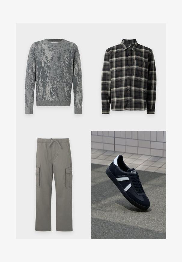 Pull gris avec un motif texturé aux nuances de gris variées, col rond, manches longues, et poignets et ourlet côtelés.; Chemise à carreaux noir et blanc avec col, manches longues, fermeture à boutons sur le devant et poche poitrine gauche. Fabriquée dans un tissu doux et texturé.; Pantalons cargo droit gris avec taille élastique, cordon de serrage, poches latérales à rabat et poches frontales fendu, présentés sur fond blanc.; Sneaker en cuir noir avec des rayures blanches, semelle en caoutchouc texturée et devant à lacets. Présente une étiquette de marque sur la languette.