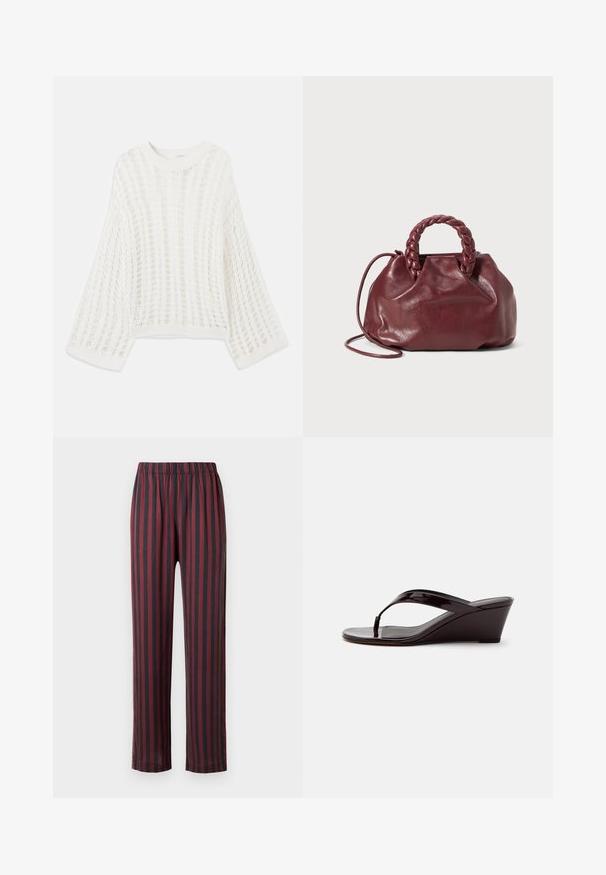 Pull-over blanc raccourci avec manches larges. Motif en maille ajourée en quadrillage, fabriqué dans un matériau léger. Encolure et ourlet côtelés.; Pantalon rayé avec un schéma de couleurs noir et rouge foncé. Il présente une taille élastique, des jambes droites et une texture de tissu lisse.; Sandale compensée en cuir verni marron avec bride entre les orteils et bout ouvert, vue de profil sur un fond uni.; Sac à main en cuir bordeaux avec une anse tressée, texture douce et forme arrondie. Dispose d'une bandoulière amovible pour plus de polyvalence.