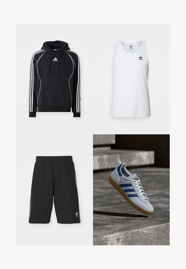 Zwarte Adidas hoodie met witte strepen op de mouwen, witte piping aan de voorkant, een voorvak en een capuchon met trektouw.; Witte geribde tanktop met ronde hals, zwarte Adidas-logo op de linkerborst en zonder mouwen. Zachte katoenen stof, casual pasvorm.; Zwarte shorts van een katoenmix met een elastische tailleband, voorzien van witte zijkanten en een klein logo aan de onderlinkerkant.; Lichtblauwe Adidas Spezial sneaker met marineblauwe strepen en rubberen zool, getoond in de lucht boven betonnen trappen in een neutrale buitenomgeving.