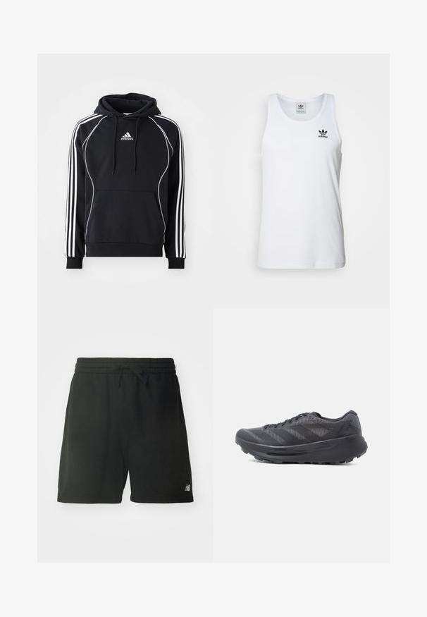 Sudadera negra de Adidas con rayas blancas en las mangas, ribete blanco en el frente, bolsillo tipo canguro en el delantero y capucha con cordones.; Top sin mangas blanco con canalé y escote redondo, logo negro de Adidas en el lado izquierdo del pecho. Material de algodón suave, corte casual.; Pantalones cortos deportivos de algodón negro con una cintura elástica, cordón ajustable y detalle del logo en la parte inferior de la pierna izquierda. Textura suave.; Zapatilla de running negra con parte superior de malla, superposiciones texturizadas y suela gruesa de goma. Cuenta con seis ojales y un diseño con patrón.
