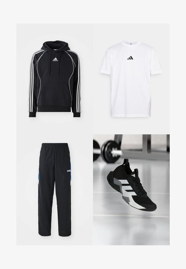 Musthave musta Adidas kapuutsiga, millel on valged triibud varrukatel, valge ääris ees, eesmine tasku ja reguleeritav kapuuts.; Valge puuvillane T-särk, millel on rindkeres väike must kolmnurga logo, lühikesed varrukad ja ümar kaelus. Lihtne ja klassikaline disain.; Mustad must ikksad mustad treeningpüksid, millel on elastne vöökoht, külgedel sinised ja valged graafilised detailid ning tikitud logo.; Mustad sportlik king, millel on võrgust pealispind, valged triibud ja hallid aktsendid. Varustatud polsterdatud kaelusega ja kummist tallaga. Sobib jõusaali kasutamiseks.