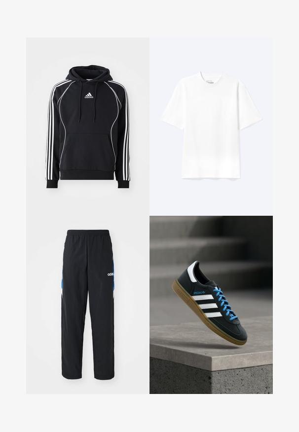 Čierna mikina Adidas s bielymi pruhmi na rukávoch, bielym lemovaním vpredu, prednou klokankou a kapucňou so šnúrkou.; Jednoduché biele tričko s krátkym rukávom a okrúhlym výstrihom v uvoľnenom strihu, zobrazené na svetlom pozadí.; Čierne športové nohavice s elastickým pásom, s modro-bielymi grafickými akcentmi po stranách a vyšitým logom.; Čierna teniska Adidas s bielymi pruhmi, modrými šnúrkami a gumovou podrážkou, ktorá sa vznáša nad sivým betónovým schodom v mäkkom svetle.