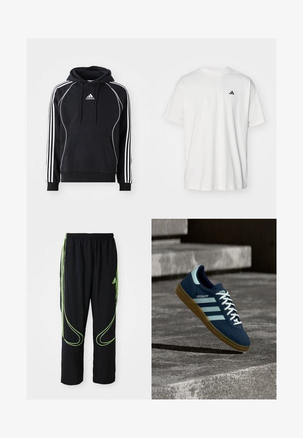 Čierna mikina Adidas s bielymi pruhmi na rukávoch, bielym lemovaním vpredu, prednou klokankou a kapucňou so šnúrkou.; Biela bavlnená tričko s krátkymi rukávmi, klasickým výstrihom a malým čiernym logom Adidas na ľavej hrudi. Mäkká textúra, voľný strih.; Čierne atletické nohavice Adidas s neonovo zelenými zakrivenými líniami a tromi pruhmi po stranách, elastickým pásom a logom Adidas na prednom stehne.; Modré tenisky Adidas Spezial s bielymi pruhmi a šnúrkami, gumovou podrážkou, plávajúce nad drsným betónovým povrchom a schodmi v pozadí.