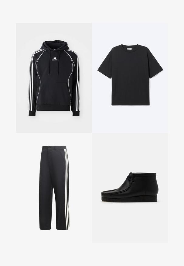 Schwarzer Adidas-Hoodie mit weißen Streifen an den Ärmeln, weißen Paspeln auf der Vorderseite, vorderer Kängurutasche und kapuze mit Kordelzug.; Schwarzes T-Shirt mit kurzen Ärmeln und Rundhalsausschnitt in lockerer Passform, Vorderansicht, schlichtes Design und sichtbares Weekday-Label im Krageninneren.; Schwarze Hosen mit geradem Bein und drei weißen vertikalen Streifen an der Außenseite jedes Beins.; Schwarze Leder-Stiefeletten mit runder Zehenpartie, gestickten Details und einer weichen Gummisohle. Verfügt über ein vorderes Schnürdesign.