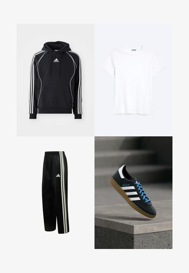 Haut à capuche noir Adidas avec des rayures blanches sur les manches, un passepoil blanc sur le devant, une poche kangourou à l'avant et un cordon de serrage pour la capuche.; T-shirt blanc uni à manches courtes et col rond avec une étiquette de la marque WEEKDAY visible au niveau du col, présenté sur un fond clair.; Pantalon de survêtement Adidas noir avec trois bandes blanches sur les côtés et logo, taille élastique avec cordon, coupe droite.; Baskets Adidas noires avec des rayures blanches, des lacets bleus et une semelle en gomme flottant au-dessus d'une marche en béton grise sous une lumière douce.