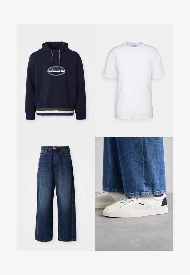 Marineblauwe hoodie met geborduurd logo op een ovale patch. Beschikt over een capuchon met trekkoord en een gestructureerde ribbelrand met contrasterende strepen.; Witte katoenen t-shirt met een ronde hals, korte mouwen en een rechte zoom. Heeft een klein merktag aan de linkerkant van de zijnaad.; Donkerblauwe wijde-denim jeans. Kenmerken zijn een klassieke tailleband met riemlussen, zwarte zakken aan de voorkant en een rechte silhouet.; Witte en zwarte sneakers met een glad leren bovenwerk, textuuraccenten en een chunky witte zool. Heeft een klassiek vetersluiting ontwerp.