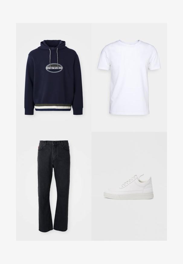 Mørkeblå hættebluse med broderet logo i en oval lap. Har en hætte med snoretræk og en tekstureret ribbet kant med kontrasterende striber.; Hvid kortærmet t-shirt i bomuldsstof med rund halsudskæring. Enkel design uden mønstre eller detaljer. Glat tekstur.; Sorte denim jeans med lige ben-design, høj talje, knaplukning og subtile syninger langs lommerne og sømmene.; Hvid lædersneaker med rundet tå, flad sål og snørebånd foran. Har syningsdetaljer og polstret krave for komfort.