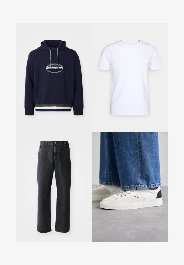 Marineblauer Hoodie mit gesticktem Logo in einem ovalen Patch. Verfügt über eine Kapuze mit Kordelzug und einem strukturierten Rippenbund mit kontrastierenden Streifen.; Weißes T-Shirt mit kurzen Ärmeln aus Baumwollstoff und rundem Halsausschnitt. Schlichtes Design ohne Muster oder Akzente. Glatte Textur.; Schwarze Denim-Jeans mit geradem Schnitt, ausgestattet mit einem Knopfverschluss, fünf Taschen und subtiler Textur. Klassisches Design ohne auffällige Muster.; Weiße und schwarze Sneaker mit einem Obermaterial aus glattem Leder, strukturierten Akzenten und einer massiven weißen Sohle. Verfügt über ein klassisches Schnürdesign.