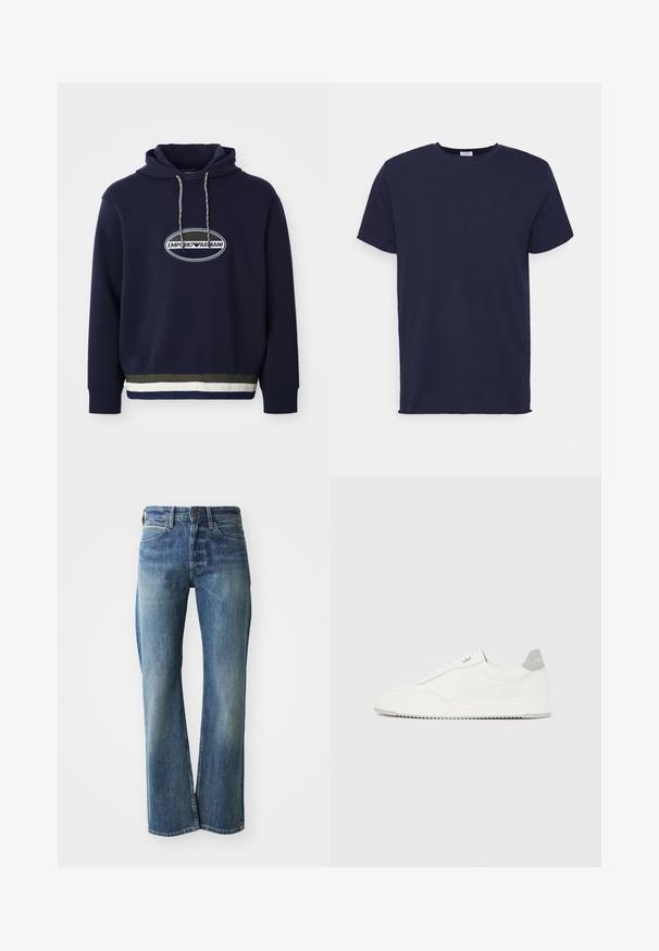 Marineblauwe hoodie met geborduurd logo op een ovale patch. Beschikt over een capuchon met trekkoord en een gestructureerde ribbelrand met contrasterende strepen.; Navyblauwe T-shirt met korte mouwen van zachte stof. Heeft een ronde hals en een rechte snit zonder patronen of accenten.; Denim jeans in een licht tot gemiddeld blauwe kleur, met een recht gesneden pijp, klassiek vijf-pocket ontwerp en subtiele vervaging aan de voorkant.; Witte lage sneaker met grijze hielpatch, witte veters en een gestructureerde zool, gepresenteerd op een effen lichte achtergrond.