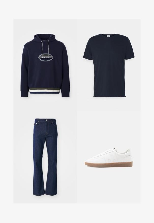 Mørkeblå hættebluse med broderet logo i en oval lap. Har en hætte med snoretræk og en tekstureret ribbet kant med kontrasterende striber.; Marineblå bomulds t-shirt med rund hals og korte ærmer, med en glat tekstur og enkel design, uden synlige mønstre eller accenter.; Flarvede mørkeblå jeans lavet af denim. Har fem lommer, en front lynlås og en metalknaplukning. Klassiske syninger som detaljer.; Hvid lav sneaker med gummisål i naturfarve, syninger og snørebånd på neutral baggrund.