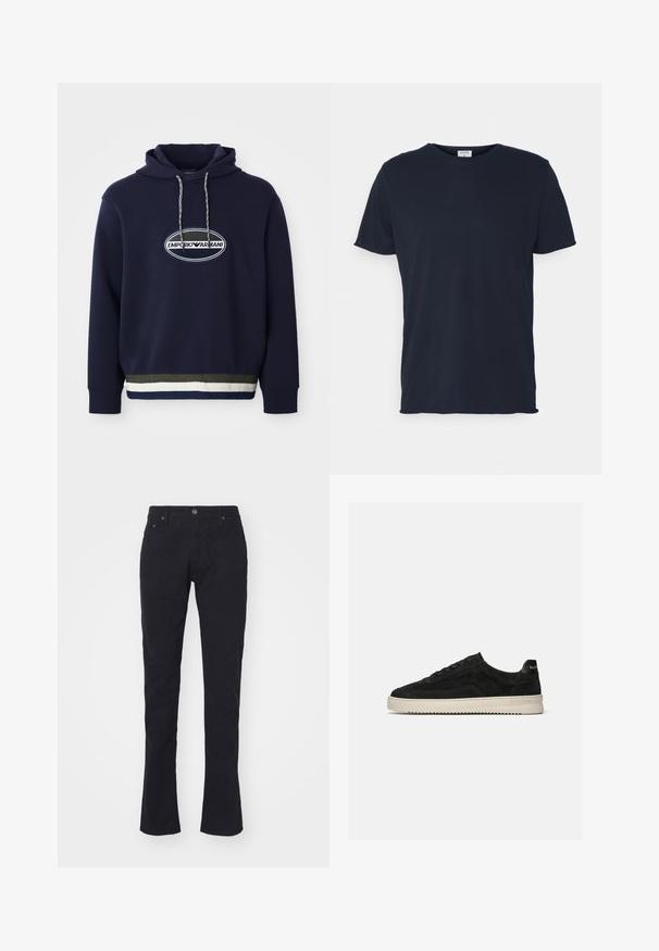 Marineblauer Hoodie mit gesticktem Logo in einem ovalen Patch. Verfügt über eine Kapuze mit Kordelzug und einem strukturierten Rippenbund mit kontrastierenden Streifen.; Marineblaue Baumwoll-T-Shirt mit Rundhalsausschnitt und kurzen Ärmeln, mit einer glatten Oberfläche und einfachem Design, ohne sichtbare Muster oder Akzente.; Schwarze Baumwollhose mit geradem Schnitt, mit Knopfverschluss, zwei Fronttaschen und einer glatten Textur. Keine Muster oder Akzente.; Schwarzer Wildleder-Low-Top-Sneaker mit schwarzen Schnürsenkeln und weißer Gummisohle, Seitenansicht auf schlichtem hellgrauem Hintergrund.