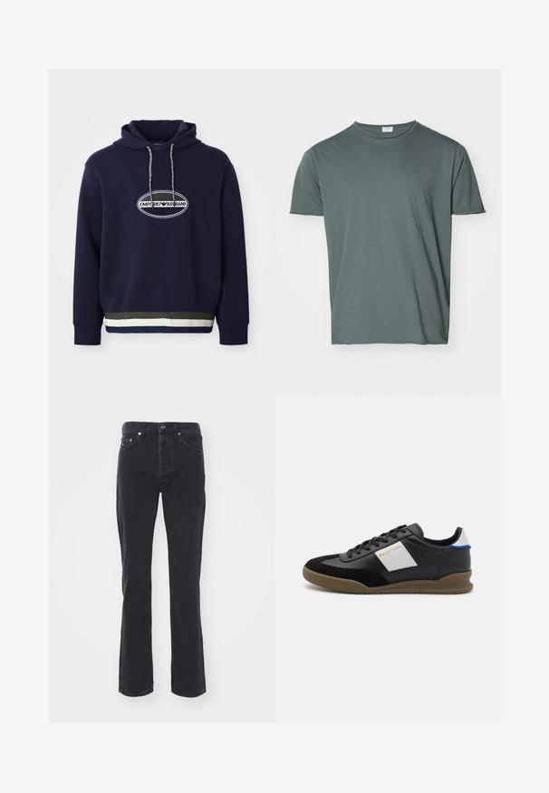 Marineblauwe hoodie met geborduurd logo op een ovale patch. Beschikt over een capuchon met trekkoord en een gestructureerde ribbelrand met contrasterende strepen.; Donkergroen T-shirt met ronde hals, korte mouwen, zacht materiaal, relaxed fit, gladde textuur, geen zichtbare patronen of accenten.; Zwarte denim jeans met een rechte pijpdesign, voorzien van vijf zakken en een knoopsluiting. De stof heeft een subtiele textuur en stevige afwerking.; Zwarte leren en suède sneakers met een grijze paneel, een bruine rubberen zool en een blauwe accent op de hiel. Voorzien van veters en een reliëflogo.
