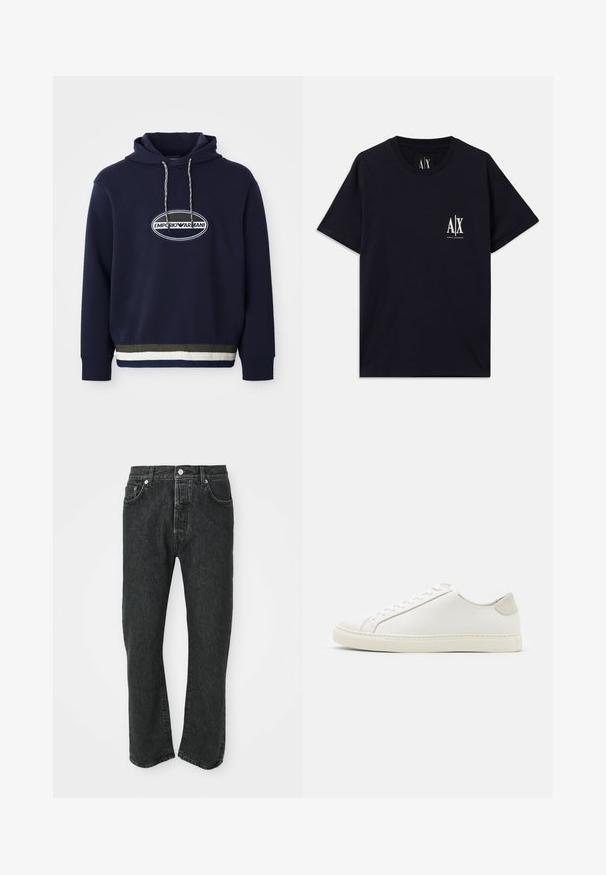 Marineblauer Hoodie mit gesticktem Logo in einem ovalen Patch. Verfügt über eine Kapuze mit Kordelzug und einem strukturierten Rippenbund mit kontrastierenden Streifen.; Schwarzes Baumwoll-T-Shirt mit kurzen Ärmeln, Rundhalsausschnitt und weißem Logo auf der linken Brust. Glatte Textur und lockere Passform.; Schwarze gerade geschnittene Jeans aus Denim mit Knopf- und Reißverschluss vorne, vorne und hinten sichtbare Taschen auf weißem Hintergrund.; Weiße Leder Sneakers mit glatter Oberfläche, runder Zehenform und minimalistischem Design. Mit beigen Akzenten an der Ferse und einer Gummisohle.