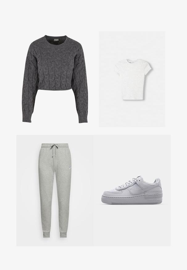 Pull gris court avec motif torsadé, encolure ronde et manches longues. Fabriqué en matériau doux et texturé. Sans éléments métalliques visibles.; T-shirt à manches courtes gris clair en tissu doux et texturé. Encolure classique et coupe régulière avec un design minimaliste.; Pantalon de jogging gris en tissu doux, avec une taille élastique dotée d'un cordon de serrage, des poignets côtelés et un petit logo sur la cuisse gauche.; Basket en cuir lisse gris Nike Air Force 1 avec un bout perforé, une semelle épaisse et un détail 'AIR' en relief sur le talon.