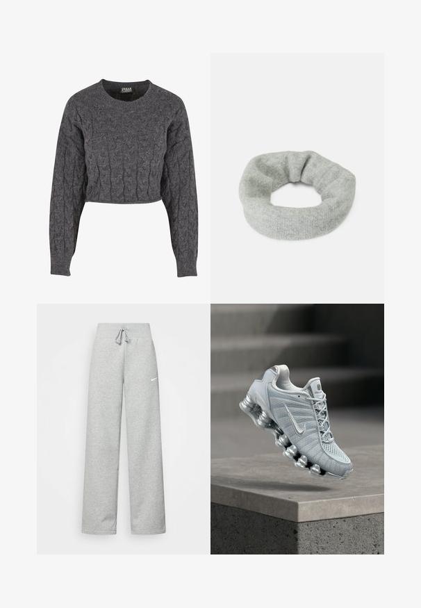 Pull gris court avec motif torsadé, encolure ronde et manches longues. Fabriqué en matériau doux et texturé. Sans éléments métalliques visibles.; Pantalon de survêtement gris avec une taille élastique, un détail de cordon de serrage et un petit logo Nike blanc sur la cuisse gauche. Tissu doux, coupe ample.; Chaussure de course Nike gris clair avec une semelle amortissante en forme de ressort flottant au-dessus d'un rebord en béton, arrière-plan d'escalier flou.; Bandeau en tricot gris avec une texture douce et un design élastique, présentant une forme circulaire continue sans coutures visibles.