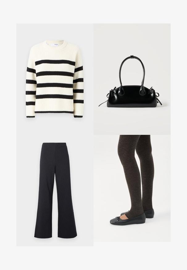 Pull crème avec de larges rayures noires, texture côtelée et col rond. Manches longues avec des poignets noirs.; Pantalon large noir à rayures blanches verticales fines, avec taille élastique et texture de tissu lisse, offrant une coupe décontractée et un look élégant.; Jambes portant des leggings côtelés foncés associés à des ballerines noires avec de petits détails en nœud sur fond blanc.; Petit sac à main noir brillant avec deux longues anses et des détails à cordon sur les côtés sur un fond clair uni.