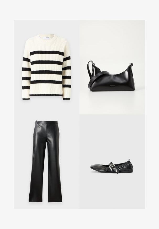 Cremefarvet sweater med brede sorte striber, ribbet tekstur og rund halsudskæring. Lange ærmer med sorte manchetter.; Sorte læder bredbenede bukser med en glat tekstur, forlommer og lynlås lukning. Har et rent, minimalistisk design.; Sorte læder flade sko med spids tå, samling detaljer omkring åbningen, og en sølv spænde accent på den justerbare rem.; Sort læderhåndtaske med en glat tekstur. Har en justerbar stropp og et enkelt, minimalistisk design med lynlås.