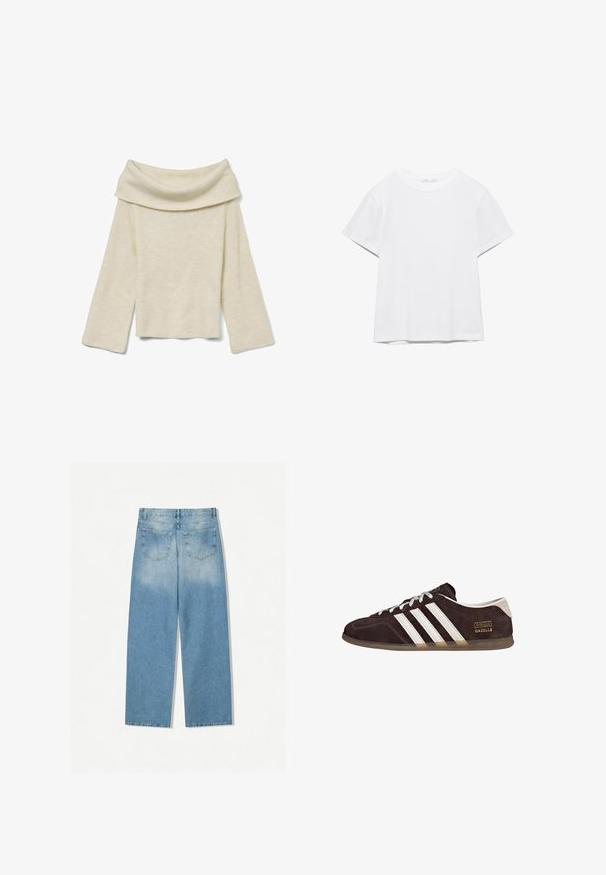 Vero Moda Knitted VMERA Knitted - Pullover - birch; T-shirt blanc uni à manches courtes et col rond, avec un ourlet droit, présenté sur un fond blanc.; Jean en denim bleu clair avec une coupe droite, doté de deux poches arrière et d'une texture décolorée à la partie supérieure.; Baskets en suède marron avec trois bandes blanches, semelle en caoutchouc, et étiquette avec le texte "Gazelle" en or. Fermeture à lacets avec lacets gris.