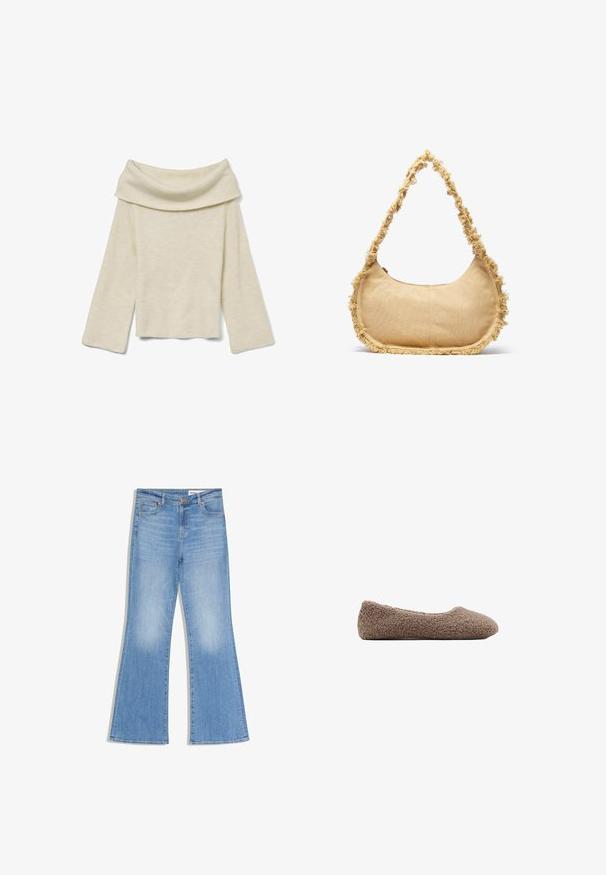 Vero Moda Knitted VMERA Knitted - Pullover - birch; Jean évasé bleu clair avec une texture en denim lisse, doté de cinq poches, d'une fermeture à bouton unique, et d'un léger délavage près des genoux.; Ballet flat marron doublé en polaire avec un bout rond. Texture douce et design sans coutures, offrant une silhouette discrète. Pas de quincaillerie visible.; Sac beige texturé de forme arrondie, avec un bord effiloché tout le long des bords et une courte sangle pour le porter. Ouverture zippée en haut.