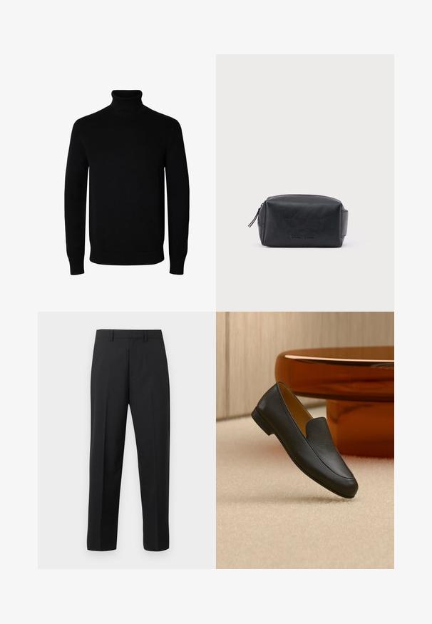 Sort langærmet rullekrave sweater med rib manchetter og kant, vist på en ensartet hvid baggrund.; Sorte bukser med lige ben, bæltestropper, frontfold og lynlås på hvid baggrund.; Sort læder loafer sko, der hviler på beige tæppe med et blankt brunt rundt bord i baggrunden.; Sort rektangulær lædertoilettaske med lynlås og præget brandnavn foran, sat mod en ensartet hvid baggrund.