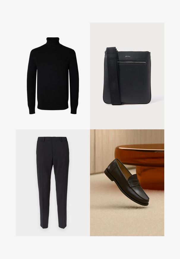 Sort langærmet rullekrave sweater med rib manchetter og kant, vist på en ensartet hvid baggrund.; Sorte skræddersyede bukser med lige snit, der har en glat tekstur, bæltestropper og forlommer. Lukkes med knap og lynlås.; Sort læder loafer-sko hængende over beige tæppe med ravfarvet moderne møblement i baggrunden.; Sort lædertaske med tekstureret finish, justerbar rem og en lynlåslomme foran. Har logodetalje i sølv.