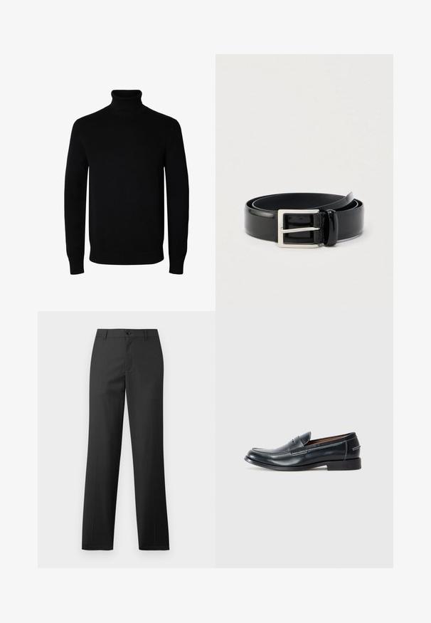 Jersey negro de cuello alto y manga larga con puños y dobladillo acanalados, mostrado sobre un fondo blanco liso.; Samsøe Samsøe SAJOHNNY TROUSERS - Pantalones - turkish coffee; Mocasines de cuero negro con punta redondeada, con detalles de costura blanca y un tacón ligeramente elevado. Acabado suave, diseño sencillo.; Cinturón enrollado de cuero negro brillante con una hebilla metálica rectangular plateada sobre un fondo claro y liso.
