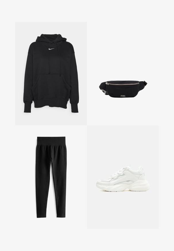 Sudadera con capucha negra, hecha de un tejido suave, con un bolsillo tipo canguro en la parte frontal, puños acanalados y un pequeño logotipo blanco de Nike en el pecho.; Leggings negros acanalados con una amplia cinturilla elástica, que presentan una silueta ajustada y una textura suave. Sin hardware visible ni patrones.; Zapatilla deportiva blanca y robusta con suela gruesa, cierre de cordones en la parte frontal y parte superior sintética lisa con detalles de costuras sutiles.; Riñonera de tela negra con cremallera plateada y correa ajustable, con pequeño logo blanco "Bimba y Lola" en el frente.