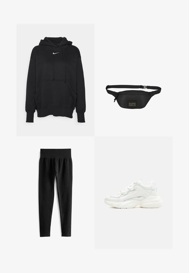 Sudadera con capucha negra, hecha de un tejido suave, con un bolsillo tipo canguro en la parte frontal, puños acanalados y un pequeño logotipo blanco de Nike en el pecho.; Leggings negros acanalados con una amplia cinturilla elástica, que presentan una silueta ajustada y una textura suave. Sin hardware visible ni patrones.; Zapatilla deportiva blanca y robusta con suela gruesa, cierre de cordones en la parte frontal y parte superior sintética lisa con detalles de costuras sutiles.; Riñonera negra hecha de material suave y resistente al agua, con un cuerpo rectangular, correa ajustable y un parche de logo en la parte frontal.