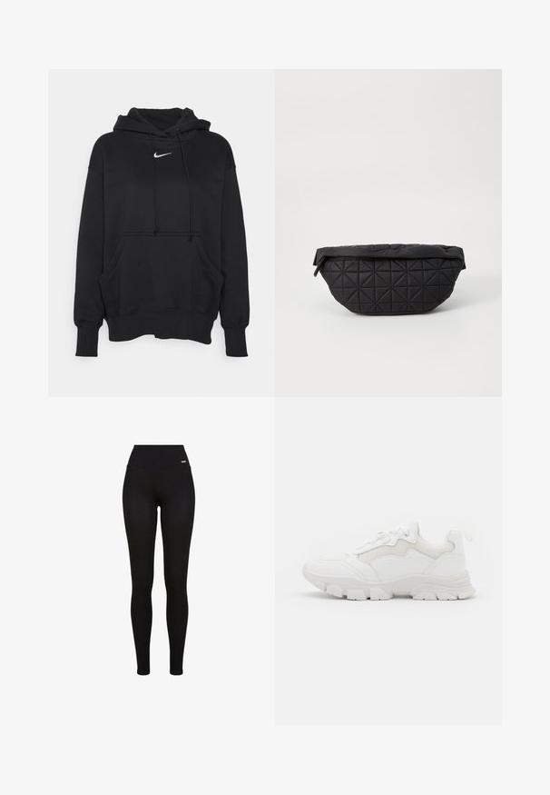 Zwarte hoodie gemaakt van zacht materiaal, met een voorzak in kangoeroestijl, geribbelde manchetten en een klein wit Nike-logo op de borst.; Zwarte leggings met een hoge tailleband, rekbaar materiaal, een soepele textuur en een pasvorm die geschikt is voor casual of sportieve kleding.; NA-KD CONTRAST SOLE TREKKING - Sneakers laag - white; Zwarte, gewatteerde tas met een zachte, gewatteerde textuur en een hoekig ruitpatroon, met een gebogen silhouet en ritssluiting.