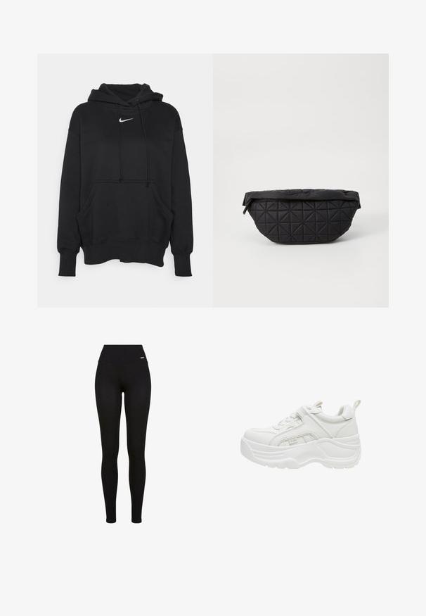 Čierna mikina s kapucňou vyrobená z mäkkej tkaniny, obsahujúca prednú kloktiacu vrecko, rebrované manžety a malé biele logo Nike na hrudi.; Čierne legíny s vysokým pásom, elastickou tkaninou, hladkou textúrou a priliehavým strihom, vhodné na bežné nosenie alebo športové aktivity.; Biely robustný teniska s hrubou podrážkou, so šnurovaním vpredu, polstrovaným golierom a ťahákom na päte.; Čierna prešívaná taška s mäkkou, vypolstrovanou textúrou a ostrým diamantovým vzorom, s zakriveným siluetom a zipsom.