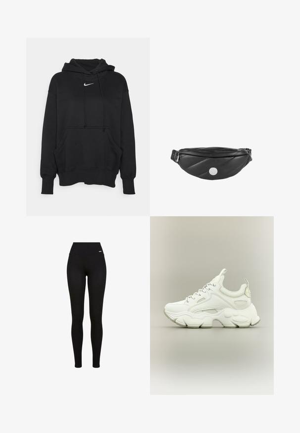 Sweatshirt à capuche noir en tissu doux, avec une poche kangourou à l'avant, des poignets côtelés et un petit logo Nike blanc sur la poitrine.; Leggings Noirs avec une taille haute, tissu extensible, texture lisse et un design ajusté, adaptées pour un usage décontracté ou sportif.; Baskets blanches épaisses avec semelle épaisse texturée, dessus en mesh et cuir, fermeture à lacets et languettes sur la languette et le talon.; Sac banane en cuir matelassé noir avec une texture lisse, une forme arrondie et des éléments en métal argenté. Présente un détail logo sur le devant.