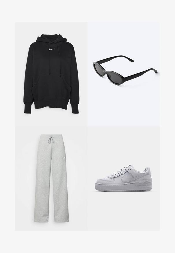 Čierna mikina s kapucňou vyrobená z mäkkej tkaniny, obsahujúca prednú kloktiacu vrecko, rebrované manžety a malé biele logo Nike na hrudi.; Šedé tepláky s elastickým pásom, detailom na šnúrku a malým bielym logom Nike na ľavom stehne. Mäkká tkanina, voľný strih.; Šedé tenisky Nike Air Force 1 s perforovanou špičkou, hladkým koženým zvrškom, hrubou podrážkou a embosovaným detailom 'AIR' na päte.; Elegantné čierne oválne slnečné okuliare s tmavými šošovkami a rovnými ramenami, odpočívajúce na bielom povrchu.