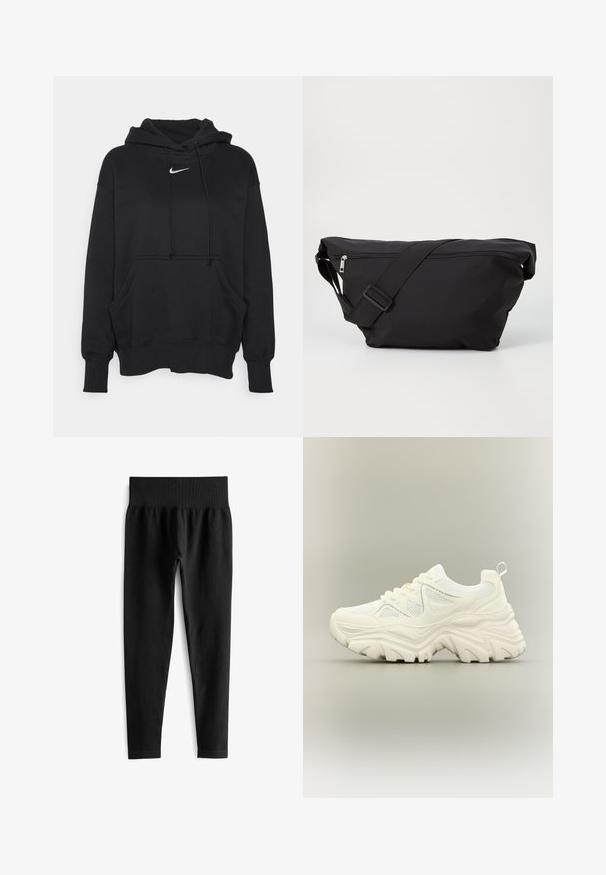 Sweatshirt à capuche noir en tissu doux, avec une poche kangourou à l'avant, des poignets côtelés et un petit logo Nike blanc sur la poitrine.; Leggings noirs à rayures avec une large ceinture élastique. Le tissu semble extensible et texturé, se terminant juste au-dessus de la cheville.; Baskets blanches épaisses avec semelle texturée épaisse, panneaux en mesh, laçage à l'avant et languette au talon sur un fond neutre.; Sac à bandoulière en tissu noir au design épuré, avec zip sur le dessus, bandoulière réglable et texture lisse. Compact et fonctionnel.
