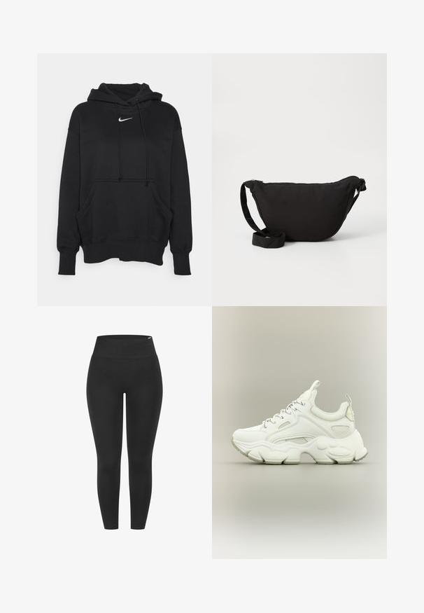 Zwarte hoodie gemaakt van zacht materiaal, met een voorzak in kangoeroestijl, geribbelde manchetten en een klein wit Nike-logo op de borst.; Zwarte legging met een hoge elastische tailleband, een gladde textuur en een aansluitend ontwerp, geschikt voor diverse activiteiten.; Witte chunky sneaker met dikke, gestructureerde zool, bovenwerk van mesh en leer, vetersluiting en treklusjes op tong en hiel.; Zwarte hobo tas gemaakt van zachte stof, met een gebogen vorm, een ritssluiting en een brede verstelbare schouderriem. Glad van structuur zonder patronen.