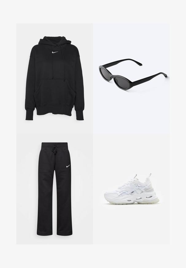 Zwarte hoodie gemaakt van zacht materiaal, met een voorzak in kangoeroestijl, geribbelde manchetten en een klein wit Nike-logo op de borst.; Zwarte sweatpants van een katoenmix, voorzien van een tailleband met koord, rechte pijpen, en een wit Nike-logo aan de linkerzijde.; Witte sneaker met een chunky zool, gelaagd mesh en synthetisch bovenwerk, voorzien van gemusterde accenten, vetersysteem en trekhaak.; Strakke zwarte ovale zonnebril met donkere glazen en rechte pootjes, rustend op een wit oppervlak.