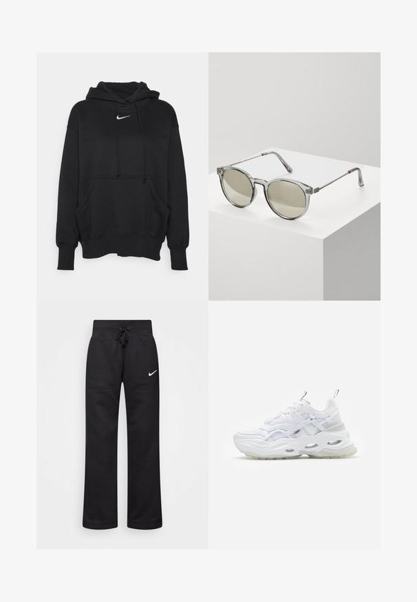 Čierna mikina s kapucňou vyrobená z mäkkej tkaniny, obsahujúca prednú kloktiacu vrecko, rebrované manžety a malé biele logo Nike na hrudi.; Čierne tepláky vyrobené z bavlnenej zmesi, s elastickým pásom na šnúrku, rovnými nohavicami a bielym logom Nike na ľavej strane.; Biele tenisky s masívnou podrážkou, vrstveným sieťovinovým a syntetickým zvrškom, s vzorovanými akcentmi, systémom šnurovania a poutkom.; Okrúhle slnečné okuliare s priesvitnými šedými rámami a šedými sklíčkami. Kovové akcenty na stranách a zakrivené ramienka pre stabilitu.