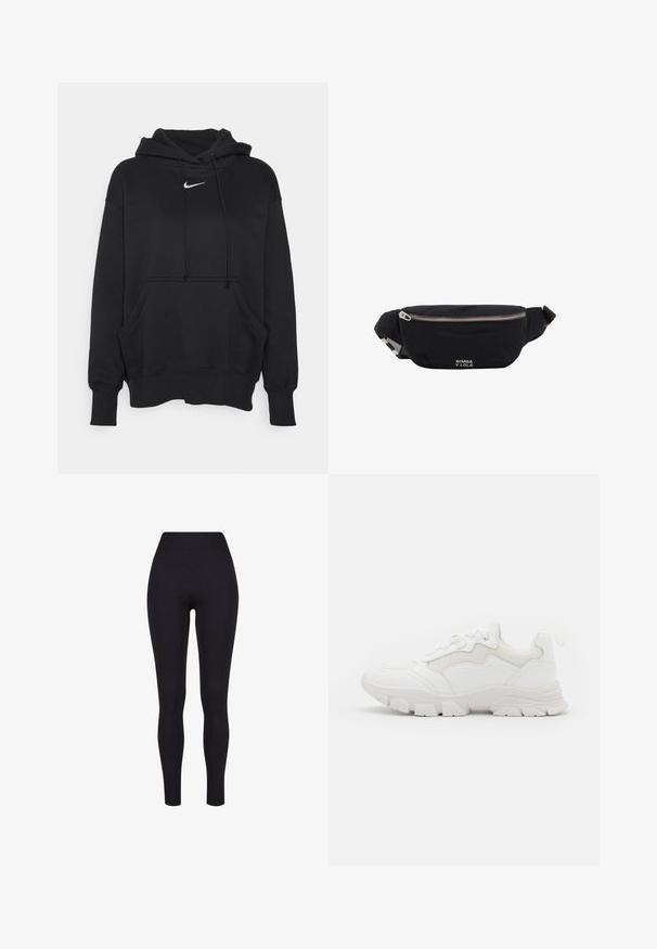 Sudadera con capucha negra, hecha de un tejido suave, con un bolsillo tipo canguro en la parte frontal, puños acanalados y un pequeño logotipo blanco de Nike en el pecho.; Leggings negros de talle alto, confeccionados con una tela elástica, que presentan una textura suave y un diseño ajustado sin costuras ni patrones visibles.; NA-KD CONTRAST SOLE TREKKING - Zapatillas - white; Riñonera de tela negra con cremallera plateada y correa ajustable, con pequeño logo blanco "Bimba y Lola" en el frente.