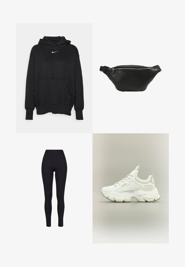 Sudadera con capucha negra, hecha de un tejido suave, con un bolsillo tipo canguro en la parte frontal, puños acanalados y un pequeño logotipo blanco de Nike en el pecho.; Leggings negros de talle alto, confeccionados con una tela elástica, que presentan una textura suave y un diseño ajustado sin costuras ni patrones visibles.; Zapatilla blanca gruesa con suela texturizada gruesa, parte superior de malla y cuero, cierre de cordones y lengüetas en la lengüeta y el talón.; Riñonera de cuero negro con textura suave, forma curvada y cierre de cremallera plateado. Presenta una sola correa ajustable.