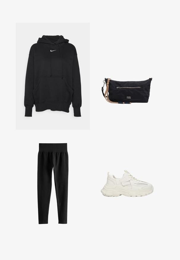 Zwarte hoodie gemaakt van zacht materiaal, met een voorzak in kangoeroestijl, geribbelde manchetten en een klein wit Nike-logo op de borst.; Zwarte geribde leggings met hoge taille, brede elastische tailleband en volledige smalle pijpen op een witte achtergrond.; Stevige witte sneaker met dikke gestructureerde zool, veters aan de voorkant en bovenwerk van een mix van leer en mesh, zijaanzicht.; Zwarte rechthoekige polstasje met voorvak met rits, beige polsbandje met blauwe kralen en klein "BIMBA Y LOLA" logo.