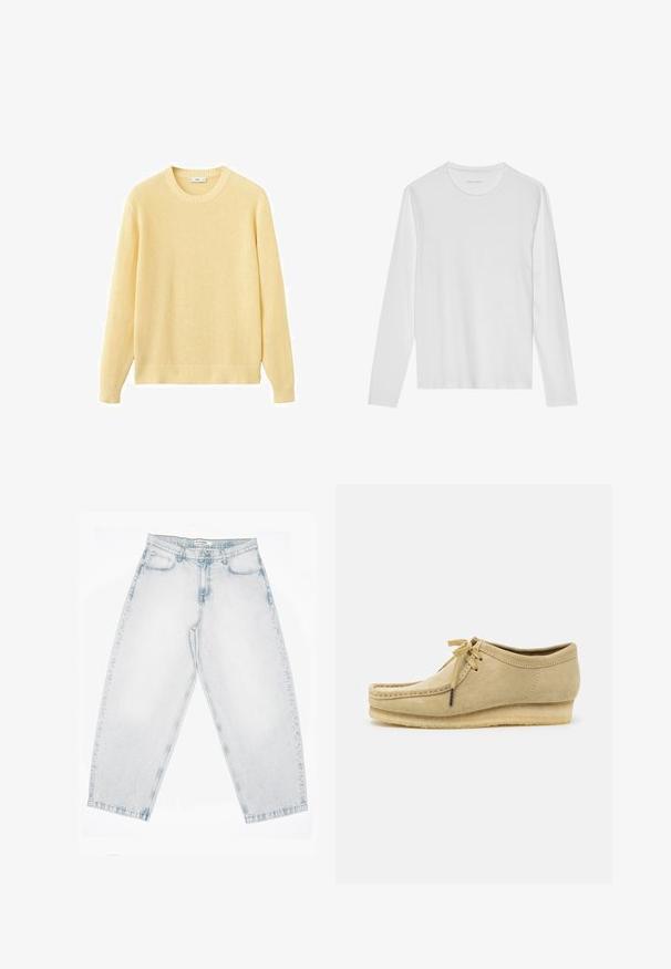 Pull tricoté jaune clair à manches longues, col rond, avec poignets et ourlet côtelés, présenté sur un fond blanc.; T-shirt blanc à manches longues en coton doux, avec un col rond et une texture lisse sans motifs ni accents visibles.; Jean en denim délavé clair avec une taille haute, des jambes droites et larges, une fermeture à boutons et zip, ainsi que des poches à l'avant et à l'arrière.; Chaussure en daim beige avec un design à lacets, des détails cousus et une semelle en caoutchouc. La forme est décontractée avec un léger talon compensé.