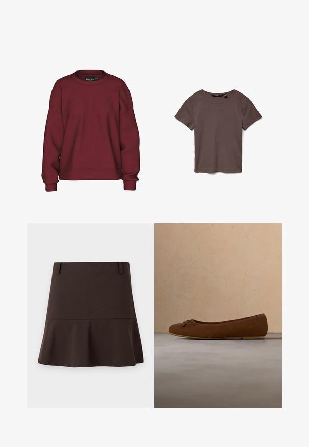 Bordeaux sweatshirt med rund hals, afslappet pasform, lange ærmer, ribbede manchetter og en blød bomuldsblanding. Simpelt design, ingen mønstre.; Brun kortærmet ribstrikket T-shirt med rund halsudskæring, lagt fladt på en hvid baggrund.; Brun flared mini nederdel lavet af glat stof, med en tætsiddende talje og diskrete syningsdetaljer. Enkel design uden mønstre.; Brun flad sko med ribbet stof, rundet tå og en sløjfe foran. Indvendigt er den glat og tanfarvet; sålen er flad og lysefarvet.