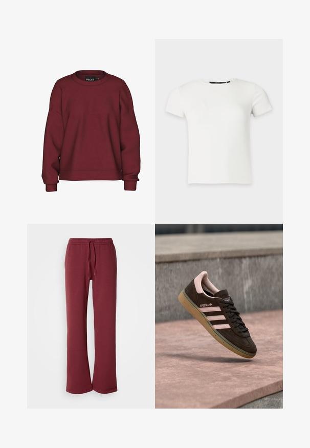 Bordeaux sweatshirt met een ronde hals, ontspannen pasvorm, lange mouwen, ribgebreide manchetten en een zachte katoenmix textuur. Eenvoudig ontwerp, geen patronen.; Wit geribbeld gebreid T-shirt met korte mouwen en een ronde hals, weergegeven op een effen lichtgrijze achtergrond.; Bordeauxkleurige sweatpants van zacht materiaal met een elastische tailleband en koord. Heeft brede pijpen en een gladde textuur overal.; Donkerbruine suède sneaker met roze accenten, met drie roze strepen, een geforceerde zool en een logo aan de zijkant. Klassiek ontwerp met laag profiel.
