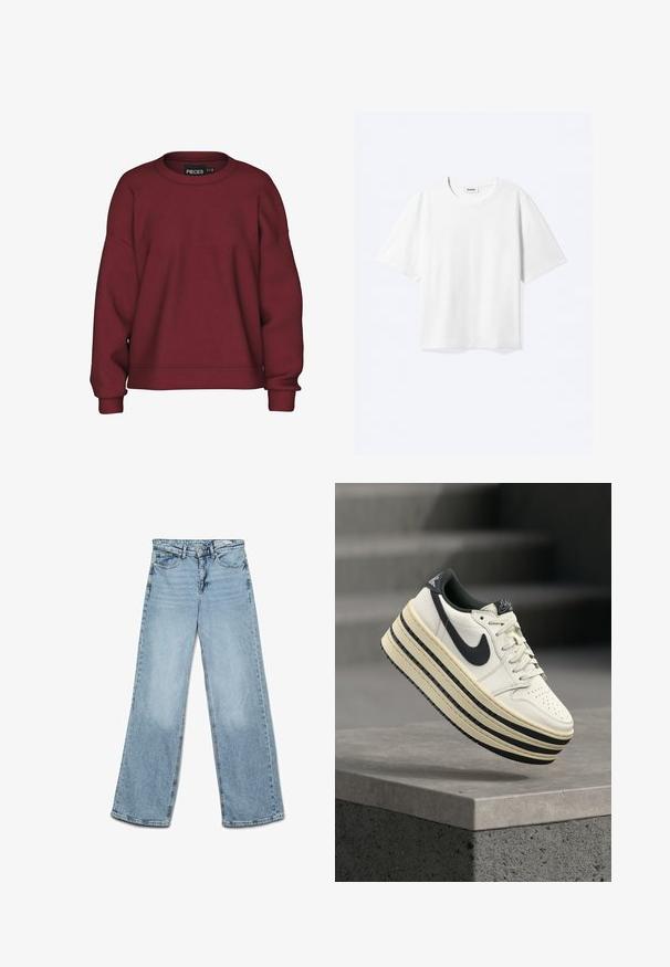 Bordeaux sweatshirt met een ronde hals, ontspannen pasvorm, lange mouwen, ribgebreide manchetten en een zachte katoenmix textuur. Eenvoudig ontwerp, geen patronen.; Witte T-shirt met korte mouwen en een ronde hals met rechte zoom, met een "WEEKDAY" merklabel aan de binnenkant van de hals.; Lichtblauwe jeans met hoge taille en wijde pijpen, met knoop- en ritssluiting, voor- en achterzakken en riemlussen.; Nike plateau sneakers met een bovenwerk van crèmekleurig leer, zwarte accenten, een gelaagde zool en een geperforeerde neus voor ventilatie.